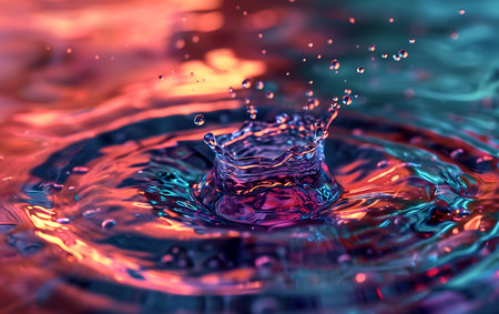 Falling drops of water. Splash effect after collision a falling drops with water Surfaceの素材