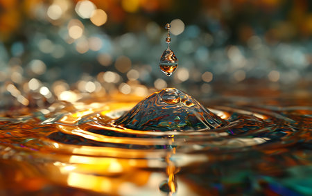 Falling drops of water. Splash effect after collision a falling drops with water Surfaceの素材