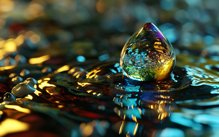 Water drop on water surface with reflection and bokeh background.の素材