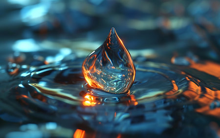 A macro shot of a water drop falling into a water surface.の素材