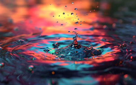 Falling drops of water. Splash effect after collision a falling drops with water Surfaceの素材