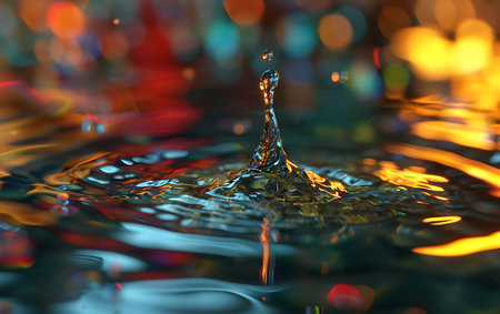 Falling drops of water. Splash effect after collision a falling drops with water Surfaceの素材