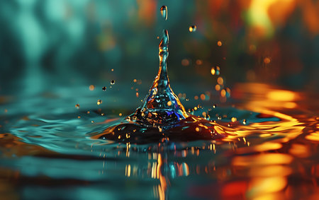 Falling drops of water. Splash effect after collision a falling drops with water Surfaceの素材
