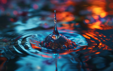 Falling drops of water. Splash effect after collision a falling drops with water Surfaceの素材