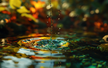 Falling drops of water. Splash effect after collision a falling drops with water Surfaceの素材