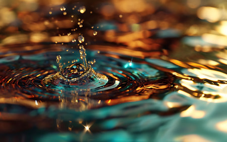 Falling drops of water. Splash effect after collision a falling drops with water Surfaceの素材