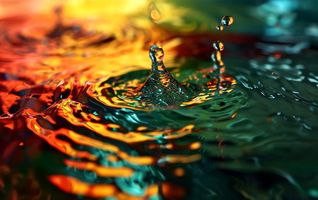 Water drops on colorful background. Splash effect after collision a falling drops with water Surfaceの素材