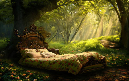 Luxury bed in a fantasy forest. 3D rendering.の素材
