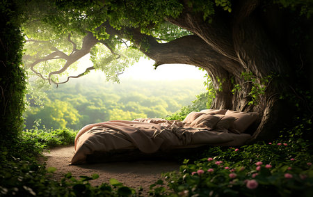 Double bed in a beautiful forest with a view of the morning mistの素材