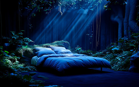 3d render of a night scene with a blue bed and forestの素材