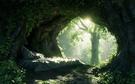 Bed under a tree in the forest. 3d render. natureの素材