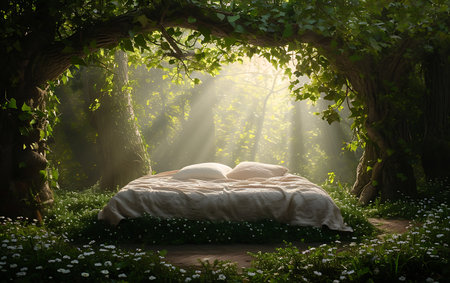 Bed in the garden with sun rays and green leaves. 3d renderingの素材