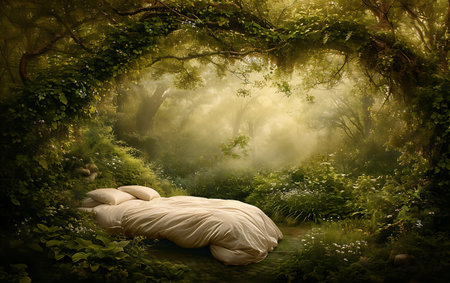 3d rendering of a bed covered with blanket in a fantasy forestの素材
