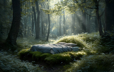 Man sleeping on a moss covered stump in a forest in the early morningの素材