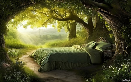 Composite image of a bed in a fantasy forest. 3D rendering.の素材