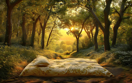 Beautiful landscape with a bed in the forest. 3d renderの素材