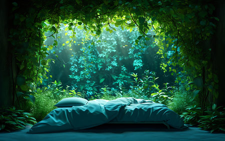 3d rendering of a green bed in the forest with light from the windowの素材