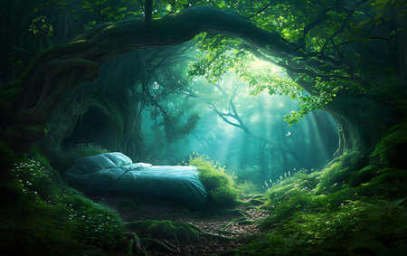 Fantasy dark forest with old tree and green leaves. 3d renderingの素材