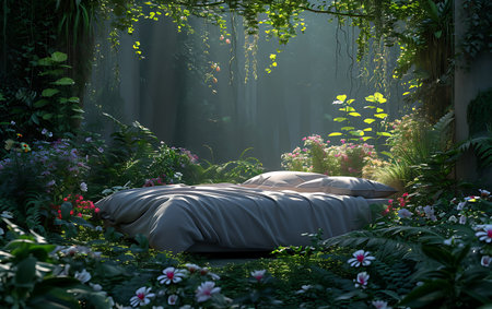 Bed in the garden in the morning with fog,3d renderingの素材