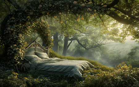 Double bed in the morning misty forest. 3d rendering.の素材
