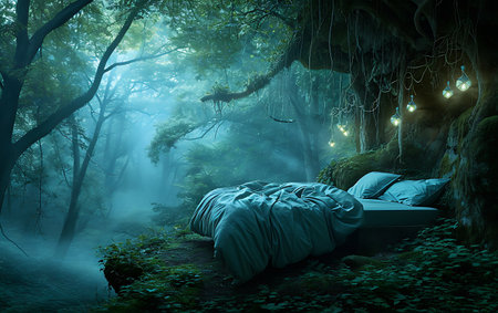Double bed in the forest at night with light bulbs. 3d renderingの素材