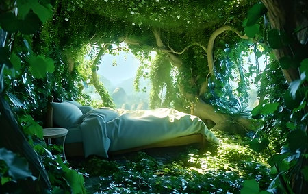 Luxury bed in the garden with green plants and sunlight.の素材