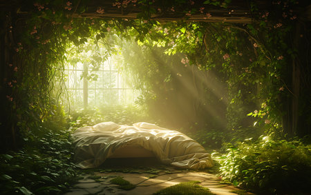 Romantic bed in the garden in the morning light. 3d renderingの素材