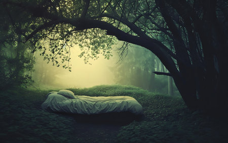 Foggy forest in the morning with double bed. 3d renderの素材