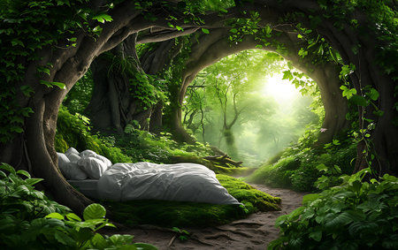 Bed in the green forest. 3D rendering. Computer digital drawing.の素材
