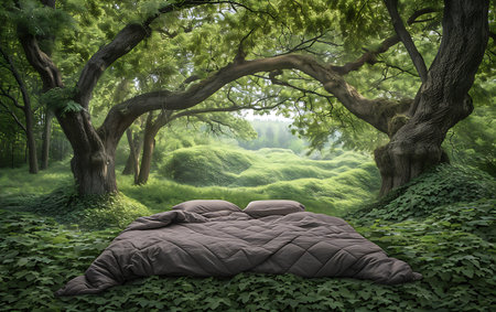 Double bed in a beautiful green forest. 3d render image.の素材
