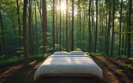 Double bed in the morning forest. 3d render. Computer digital image.の素材