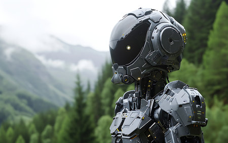 3D rendering of robot in the forest with mountains in the backgroundの素材