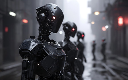 3d rendering humanoid robot in a city street at night with fogの素材