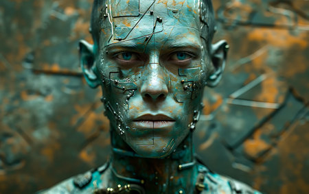 Close-up portrait of a man in a green suit of the future. Fantasy.の素材