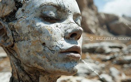 The face of a stone statue in the desert. Conceptual imageの素材