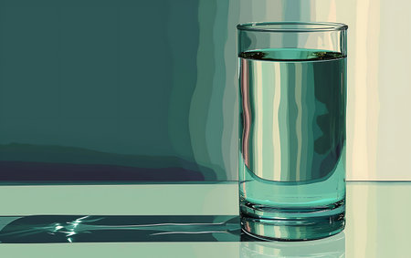 Glass of water with reflection on the table. 3D illustration.の素材
