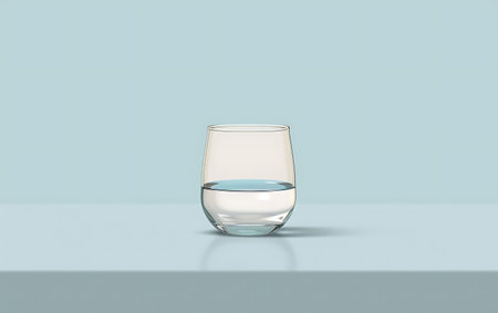 Glass of water on a blue background. 3d render illustration.の素材