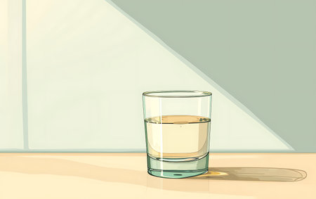 Glass of water on the table. 3D illustration. Vintage style.の素材