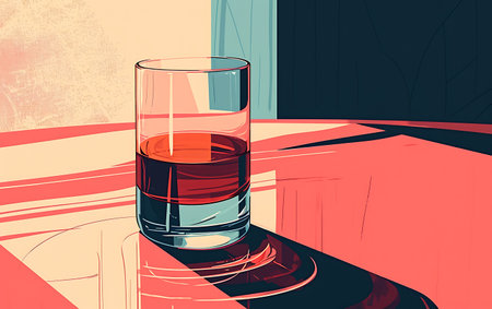 illustration of a glass of whiskey on a table in a restaurantの素材