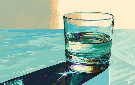 Glass of water on the background of the sea. Vector illustration.の素材