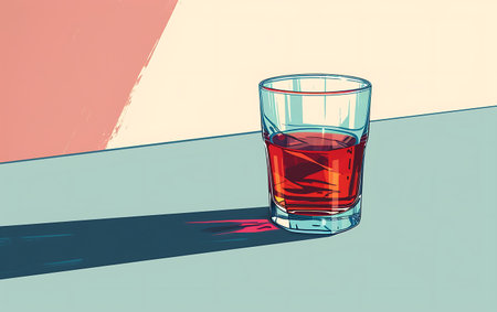 Glass of red drink on colorful background. Vector illustration in retro styleの素材