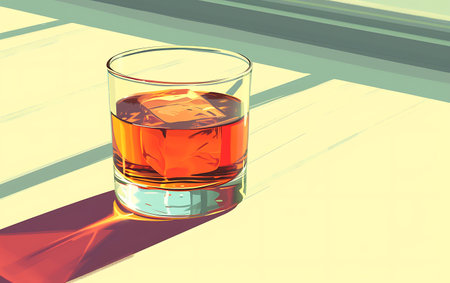 Glass of whiskey with ice cubes on a wooden table. Vector illustration.の素材