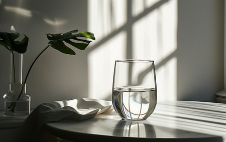Glass of water on table in room, closeup. Interior designの素材