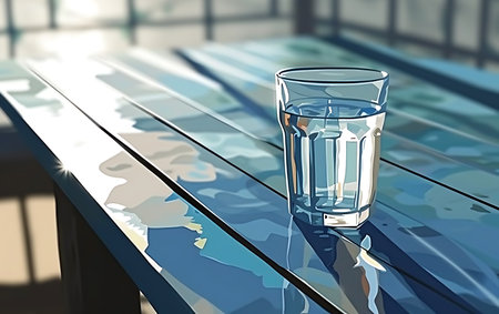 Glass of water on the table. 3d rendering. Computer digital drawing.の素材