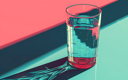 Glass of water on a colored background. 3d rendering. Toned.の素材