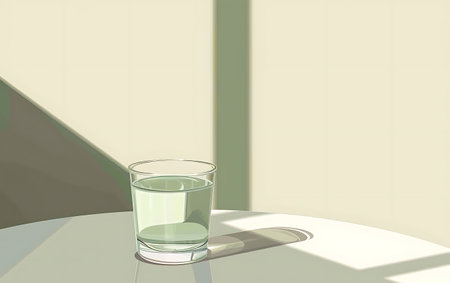 Glass of water on the table in the room. 3D renderingの素材