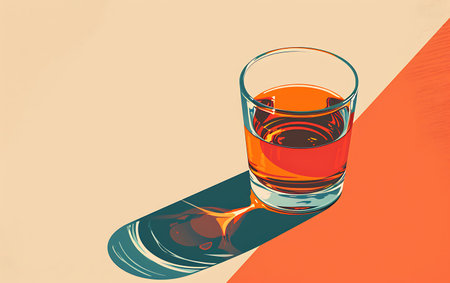 Glass of whiskey on a red and orange background. Vector illustration.の素材