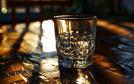 Glass of whiskey on a wooden table in the evening. Selective focus.の素材