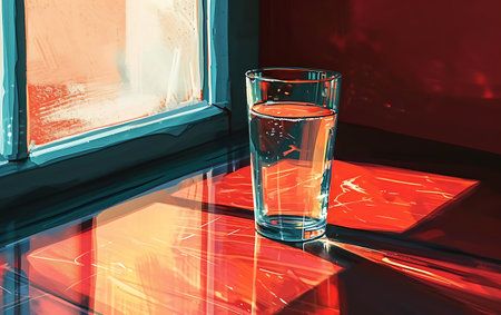 Glass of water on the table in front of the window with reflectionの素材