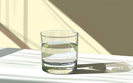 Glass of water on the table with shadow from the window. Vector illustration.の素材